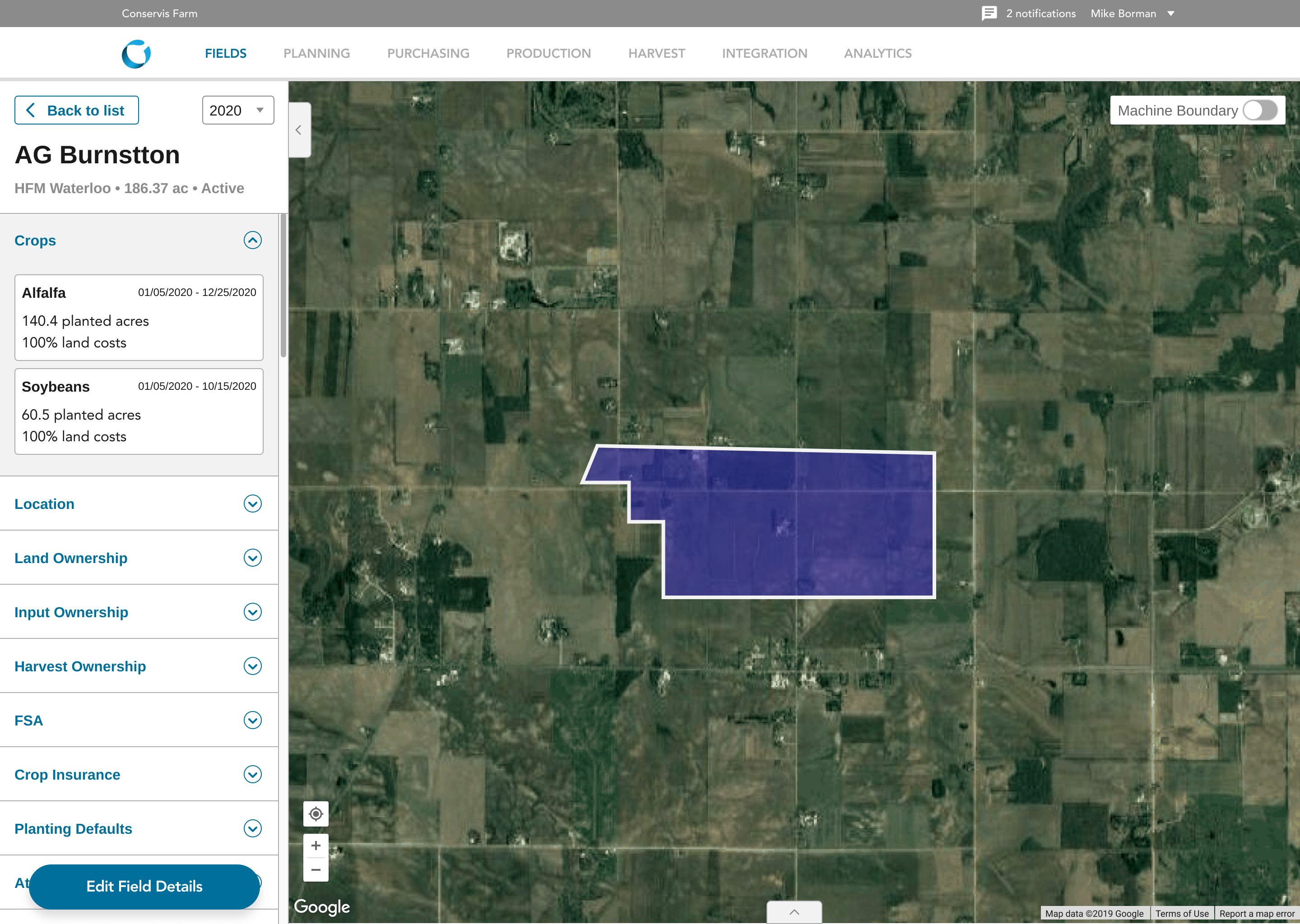 A single field's detail page: crops, ownership, and insurance panels beside the field boundary on a satellite map