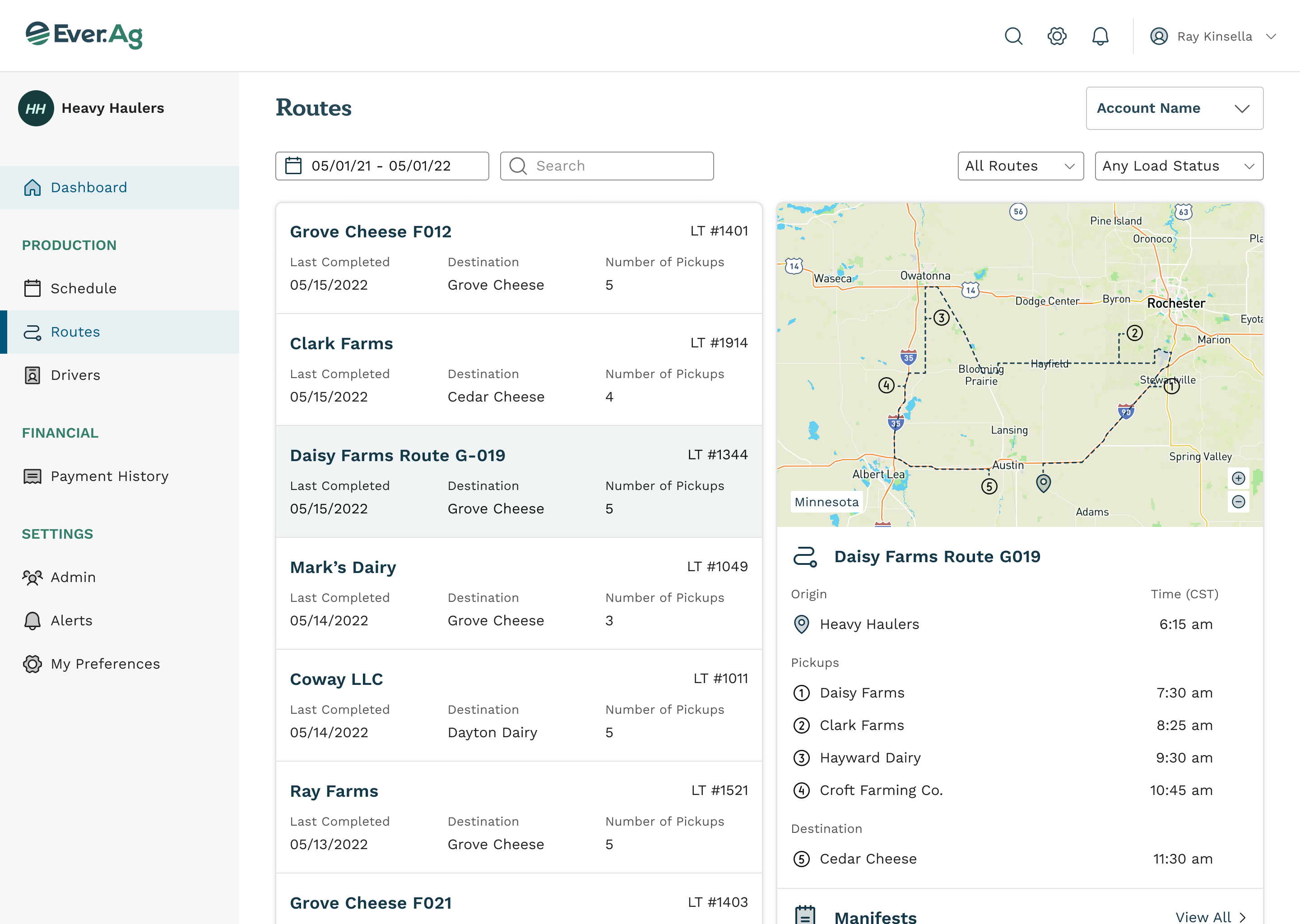 Hauler routes screen: a list of routes with last completed date, destination, and pickup count, beside a map of southern Minnesota tracing the selected route and its stops with pickup times