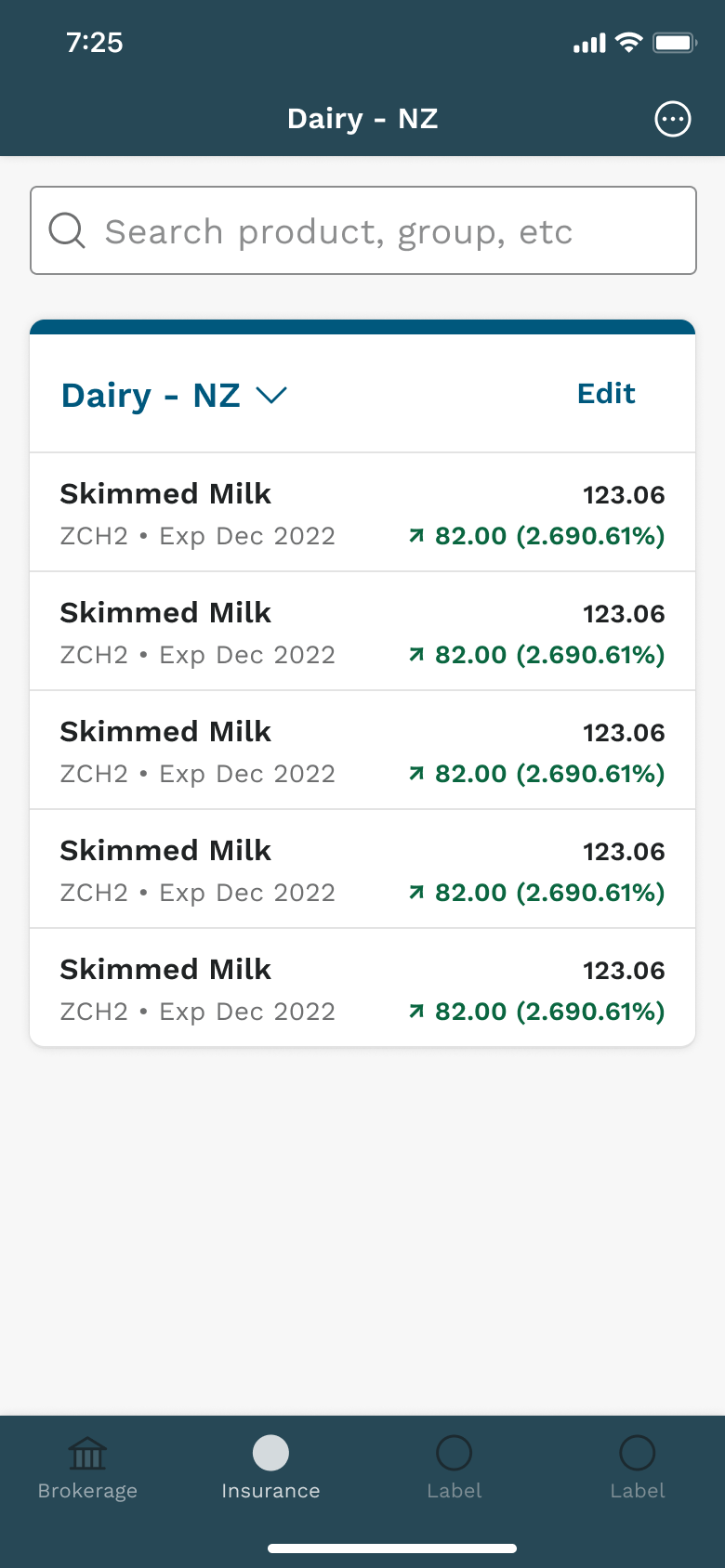 Markets watchlist on a phone: a Dairy NZ list of skimmed milk contracts with last price and change