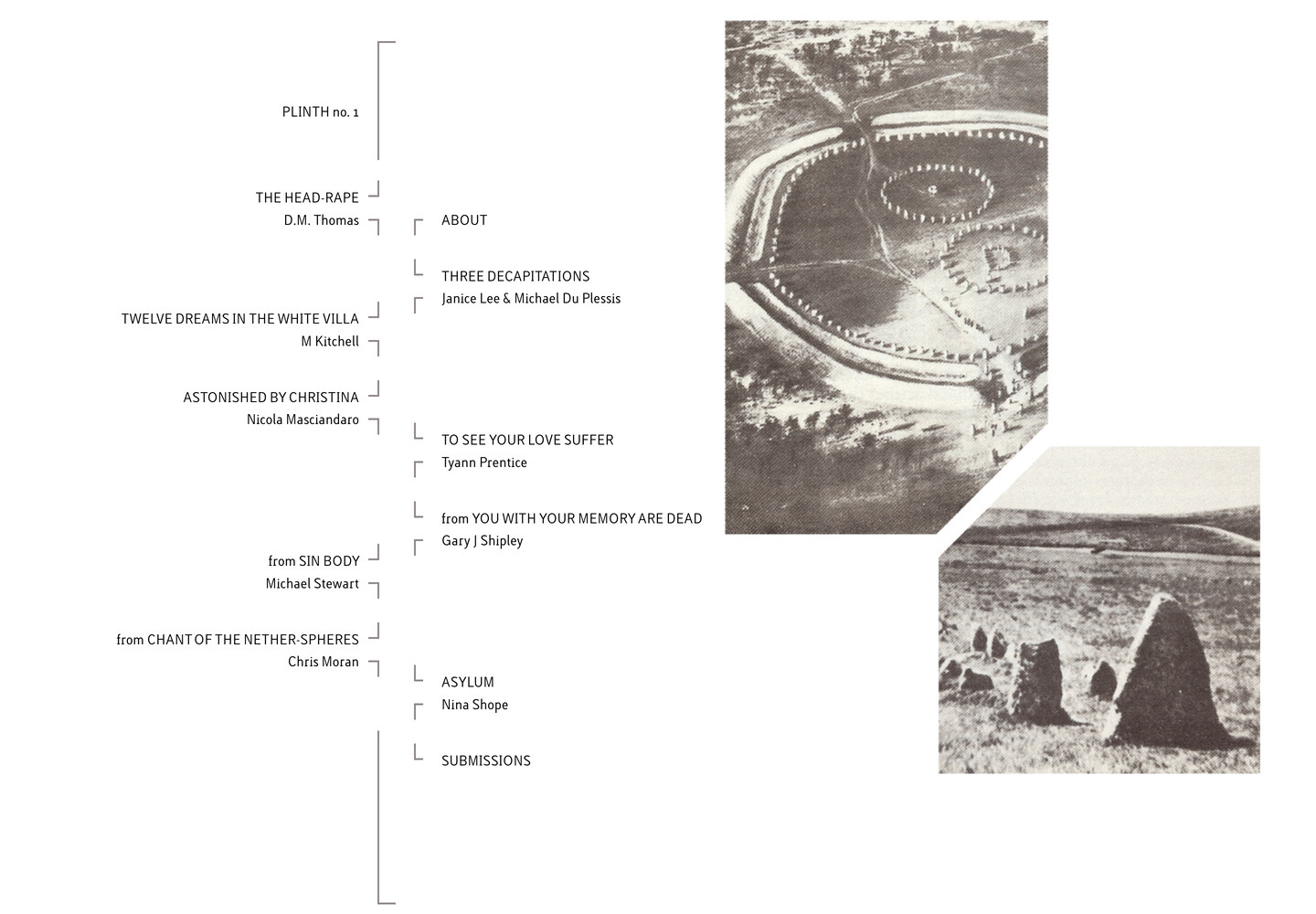 PLINTH issue 01 contents page: piece titles and author names hung from thin bracket rules, beside a halftone aerial photograph of a stone circle