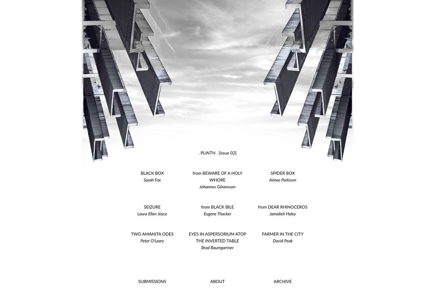 PLINTH issue 02 contents page: a monochrome photograph of steel I-beams converging against a clouded sky, with the contents set in three centered columns beneath
