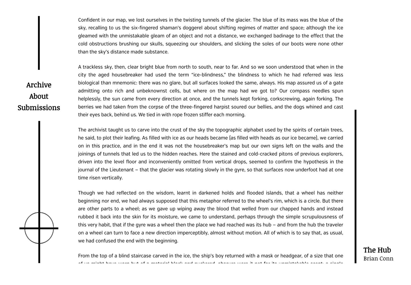 Reading page for Brian Conn's The Hub: justified prose flanked by solid black vertical rules, which are the page's custom inverted scrollbars, with slab-serif navigation at the left