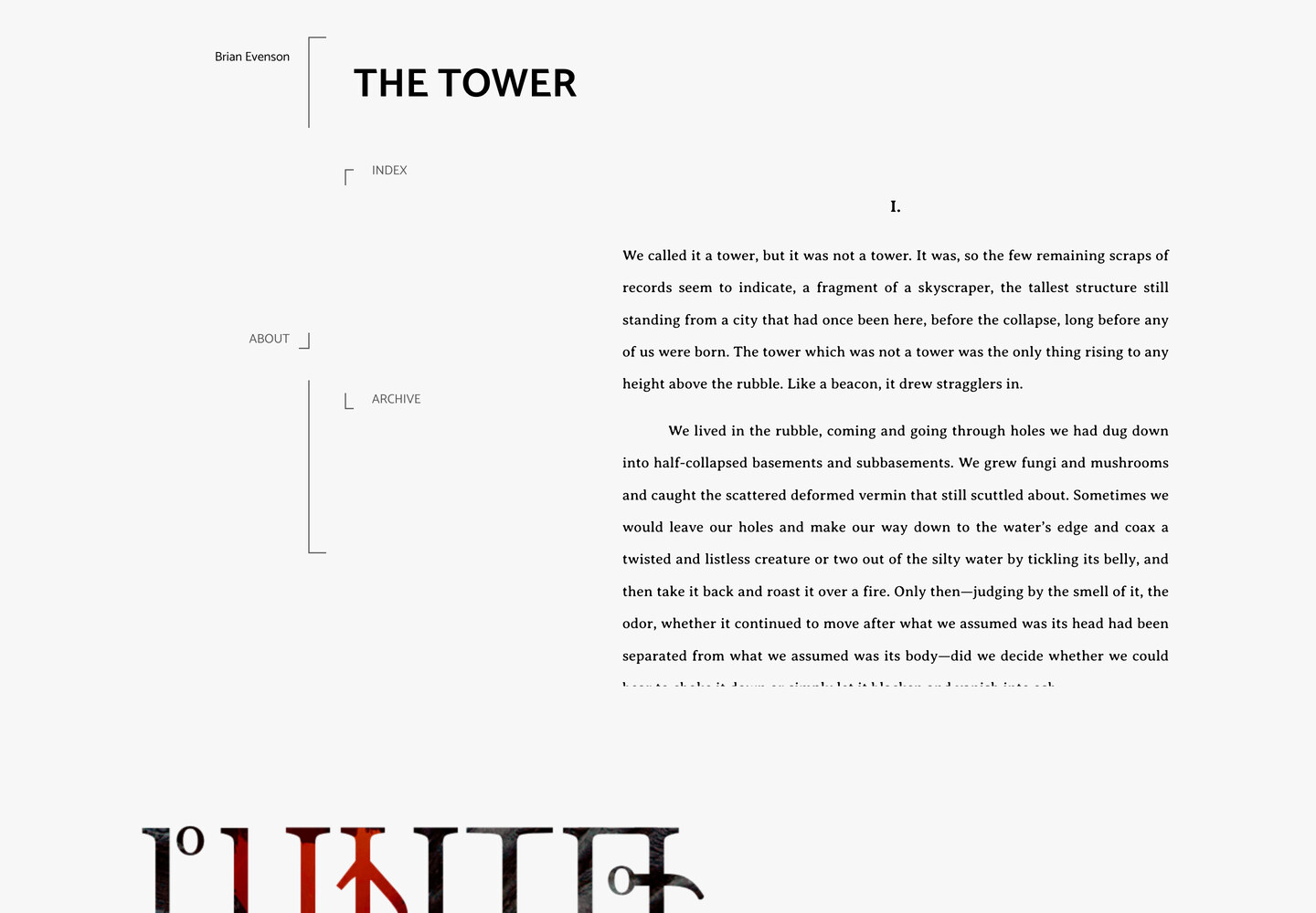 Reading page for Brian Evenson's The Tower: justified prose in a single measured column, with issue 07's bracket-rule navigation at the left and a large multicolour wordmark below