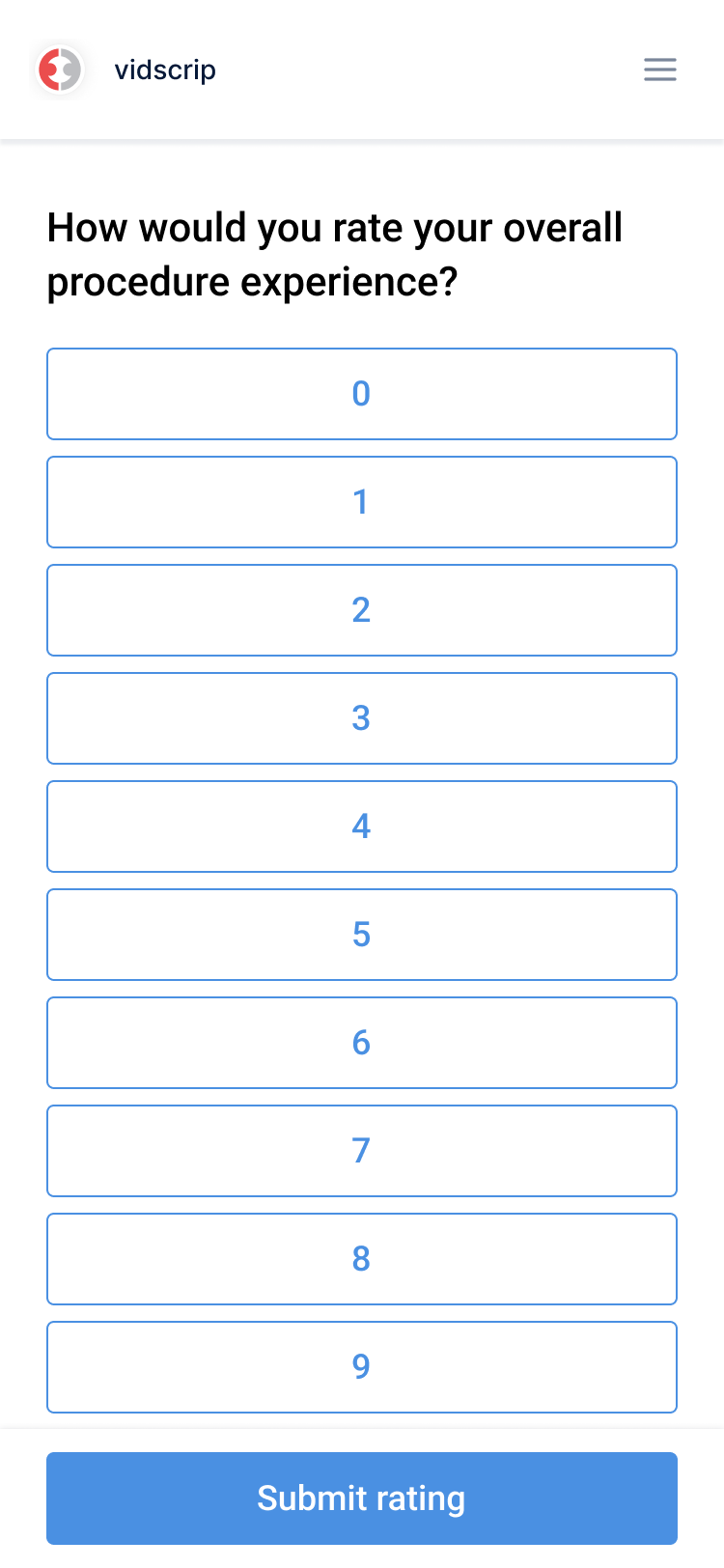 Procedure experience survey with a zero-to-nine rating scale and a submit rating button
